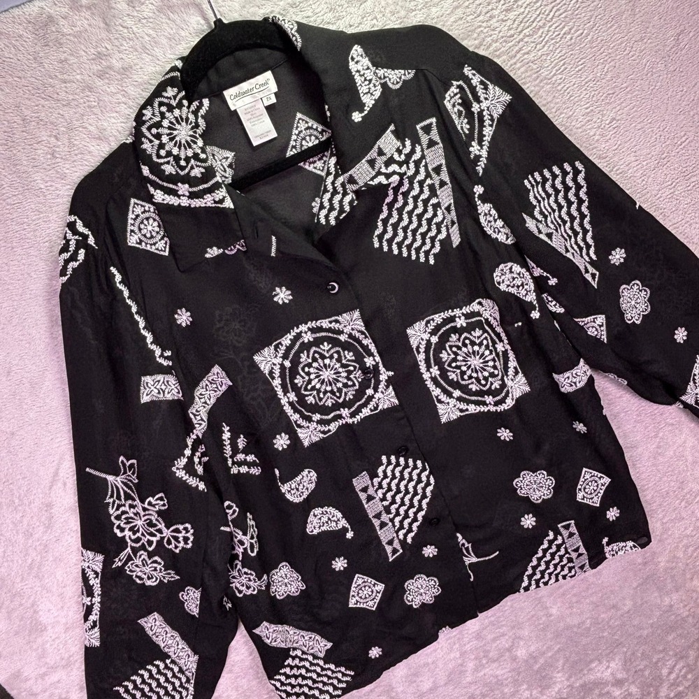 Coldwater Creek Womens Shirt Sz 2X Black Sheer Embroidered Button Up Blouse